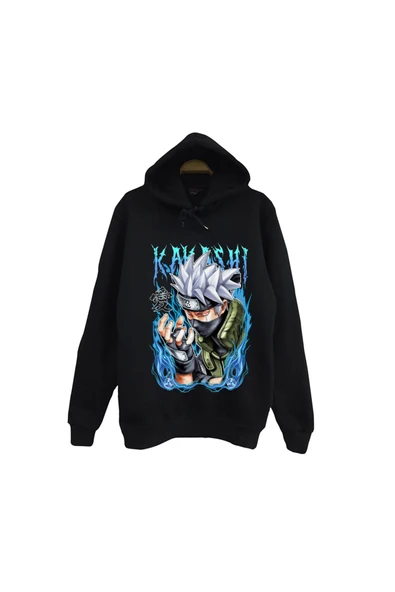 fame-stoned Naruto - Kakashi Hatake - Anime Baskılı Unisex %100 Pamuk Siyah Kapüşonlu Sweatshirt ürün görseli 1