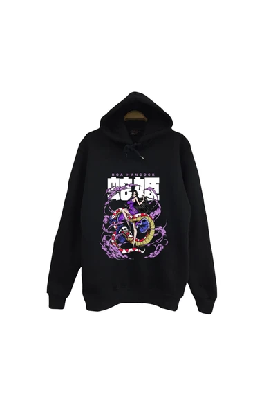 fame-stoned One Piece - Boa Hancock - Anime Baskılı Unisex %100 Pamuk Siyah Kapüşonlu Sweatshirt ürün görseli 1