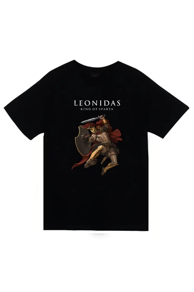 fame-stoned Leonidas - 300 Spartalı - The Spartan Baskılı Unisex %100 Pamuk Siyah T-shirt ürün görseli 1