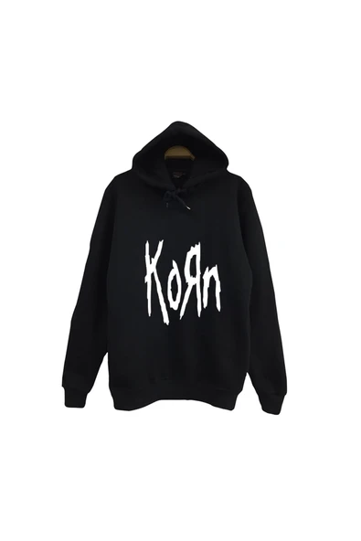 fame-stoned Korn Baskılı Unisex %100 Pamuk Kapüşonlu Siyah Sweatshirt ürün görseli 1