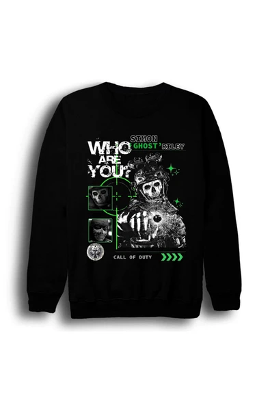 fame-stoned Call Of Duty - Ghost - Simon Riley - Oyun Baskılı Unisex %100 Pamuk Bisiklet Yaka Siyah Sweatshirt ürün görseli 1