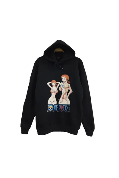fame-stoned One Piece - Nami - Anime Baskılı Unisex %100 Pamuk Siyah Kapüşonlu Sweatshirt ürün görseli 1