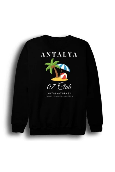 fame-stoned Antalya07BeachSahilDenizPlajYazTatili Şehir Baskılı Unisex %100 Pamuk Bisiklet Yaka Siyah Sweatshirt ürün görseli 1