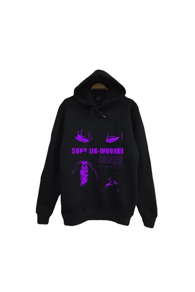 fame-stoned Solo Leveling - Sung Jin-Woo - Arise - Anime Baskılı Unisex %100 Pamuk Kapüşonlu Siyah Sweatshirt ürün görseli 1