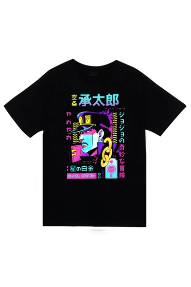 fame-stoned JoJo's Bizarre Adventure - Jotaro Kujo - Anime Baskılı Unisex %100 Pamuk Siyah T-shirt ürün görseli 1