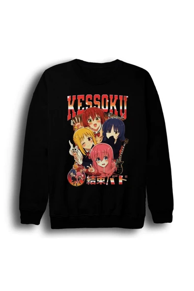 fame-stoned Bocchi The Rock - Kessoku Band - Anime Baskılı Unisex %100 Pamuk Bisiklet Yaka Siyah Sweatshirt ürün görseli 1