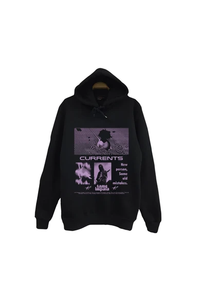 fame-stoned Tame Impala Müzik Grubu - Currents Baskılı Unisex %100 Pamuk Kapüşonlu Siyah Sweatshirt ürün görseli 1