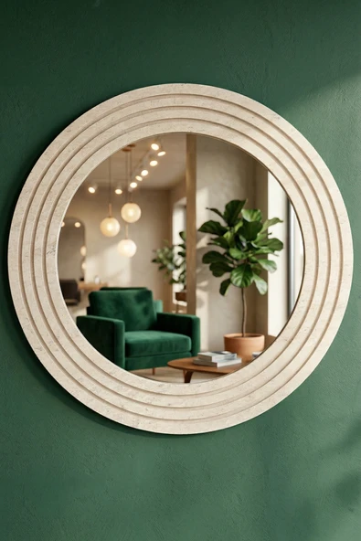 Antik Ahşap Traverten Dekoratif Ayna Banyo Lavabo Aynası Yuvarlak Ayna Duvar Aynası ( 43x56 ) ürün görseli 1