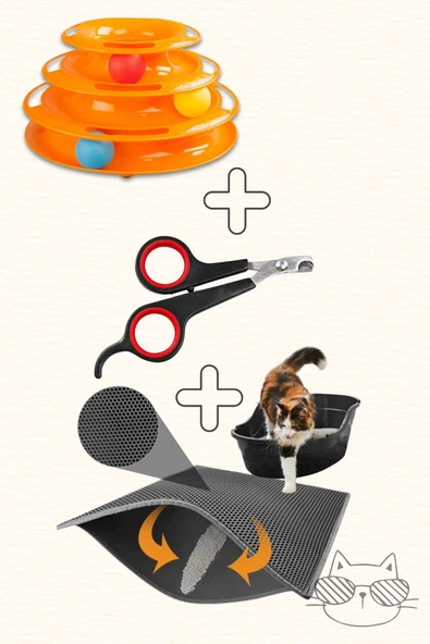 Elekli Tuvalet Önü Paspası + 3 Katlı Kedi Oyuncak + Kedi Tırnak Makası 3lü Set ürün görseli 1