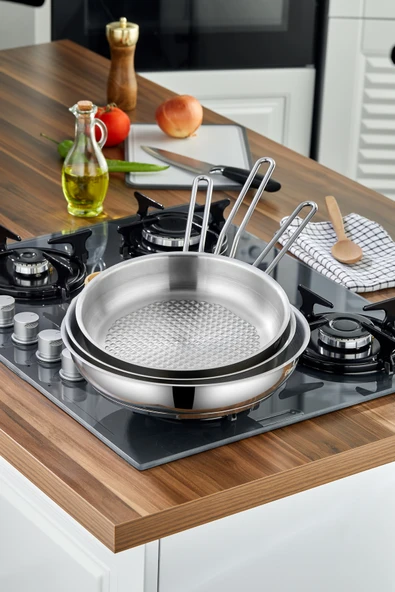 Cooker 3'Lü Lara 24-26-28 Cm Paslanmaz Çelik İndüksiyon Uyumlu Tava Seti ürün görseli 1