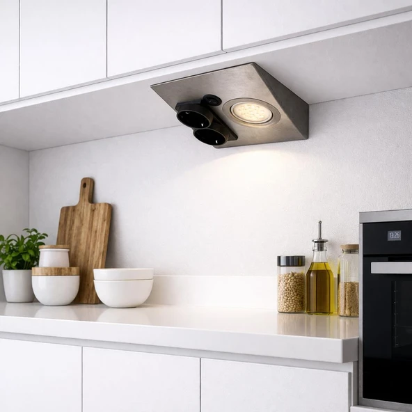 Tezgah Altı Prizli LED Aydınlatma Armatürü 3000K Sıcak Işık İnox Metal Kasa 220V Anahtarlı Çift Prizli Kompakt Tasarım ürün görseli 1