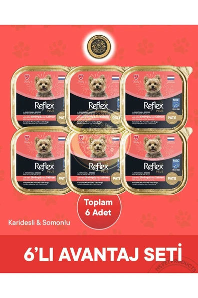 Plus Pate MSC Karidesli ve Somonlu Mini ve Küçük Irklar için Yetişkin Köpek Maması 6X85 g ürün görseli 1