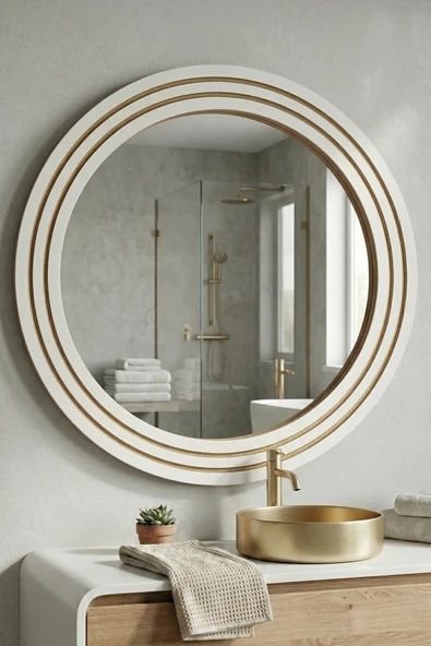 Antik Ahşap Beyaz Dekoratif Ayna Banyo Lavabo Aynası Yuvarlak Ayna Duvar Aynası ( 43x56 ) ürün görseli 1