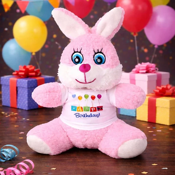 Happy Birthday Tişörtlü Peluş Tavşan ürün görseli 1
