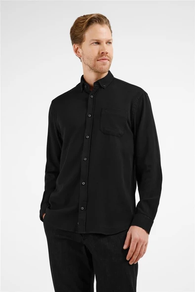 Siyah Düğmeli Yaka Cepli Uzun Kol Slim Fit %100 Pamuk Gömlek 1004255213 ürün görseli 1