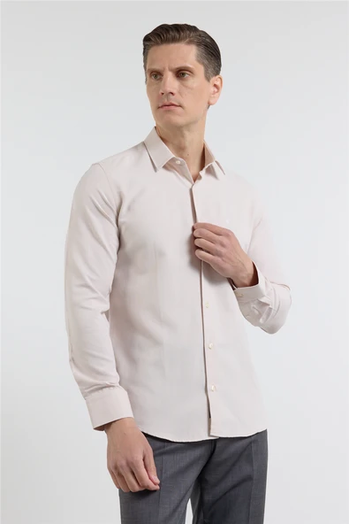 Bej Sert Yaka Uzun Kol Cepsiz Slim Fit Pamuklu Gömlek 1004255284 ürün görseli 1