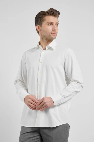 Krem Rengi Sert Yaka Uzun Kol Cepsiz Comfort Fit Pamuklu Gömlek 1004255914 ürün görseli 1