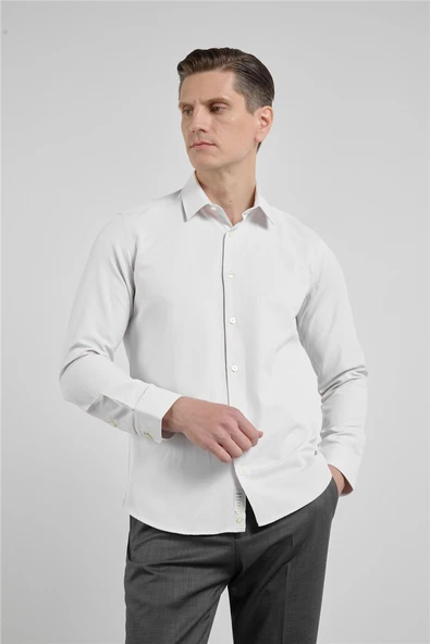 Bej Dokulu Sert Yaka Uzun Kol Cepsiz Slim Fit Pamuklu Gömlek 1004255283 ürün görseli 1