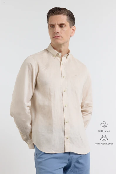 Bej Keten Düğmeli Yaka Uzun Kol Slim Fit %100 Keten Gömlek 1004260161 ürün görseli 1