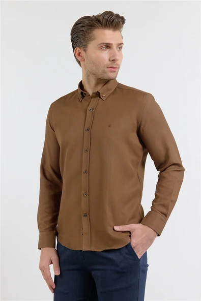 Kahverengi Perfetto Düğmeli Yaka Uzun Kol Cepsiz Slim Fit Cls Gömlek 1004255173 ürün görseli 1