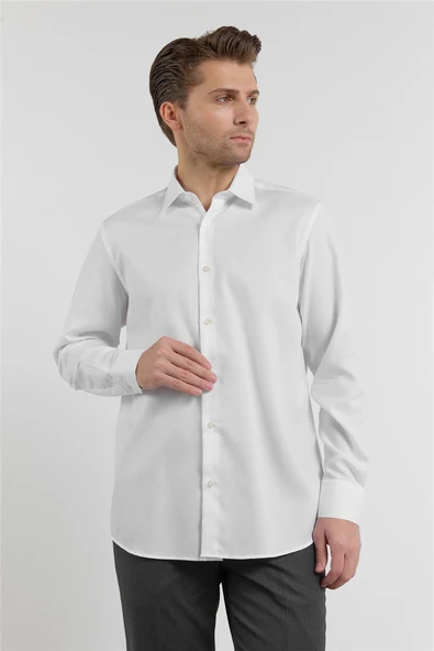 Beyaz Uzun Kol Sert Yaka Kendinden Desenli %100 Pamuk Comfort Fit Gömlek 1004255204 ürün görseli 1