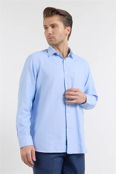 Mavi Sert Yaka Uzun Kol Cepli Comfort Fit Pamuklu Gömlek 1004255285 ürün görseli 1