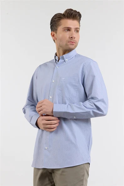 Beyaz-Lacivert Düğmeli Yaka Uzun Kol Cepli Comfort Fit %100 Pamuk Gömlek 1004260172 ürün görseli 1