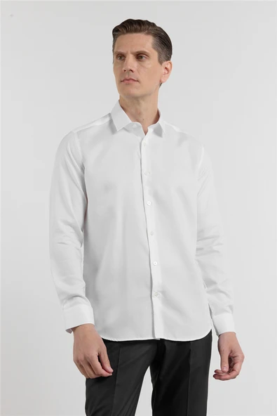 Beyaz Uzun Kol Sert Yaka Kendinden Desenli %100 Pamuk Slim Fit Gömlek 1004255202 ürün görseli 1