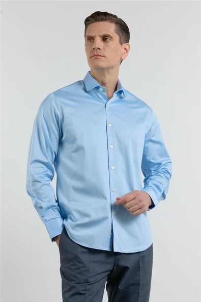 Mavi Yarım İtalyan Yaka Saten Uzun Kol Premium Slim Fit %100 Pamuk Gömlek 1004255195 ürün görseli 1