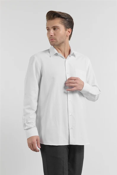 Beyaz Sert Yaka Uzun Kol Cepli Comfort Fit Pamuklu Gömlek 1004255285 ürün görseli 1