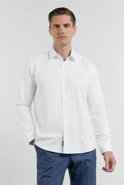 Beyaz Sert Yaka Uzun Kol Cepsiz Slim Fit Pamuklu Gömlek 1004255284 ürün görseli 1