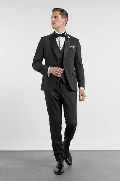 Siyah Mono Yaka Düz Desen 6 Drop Slim Fit Esnek Takım Elbise 1001260201 ürün görseli 1