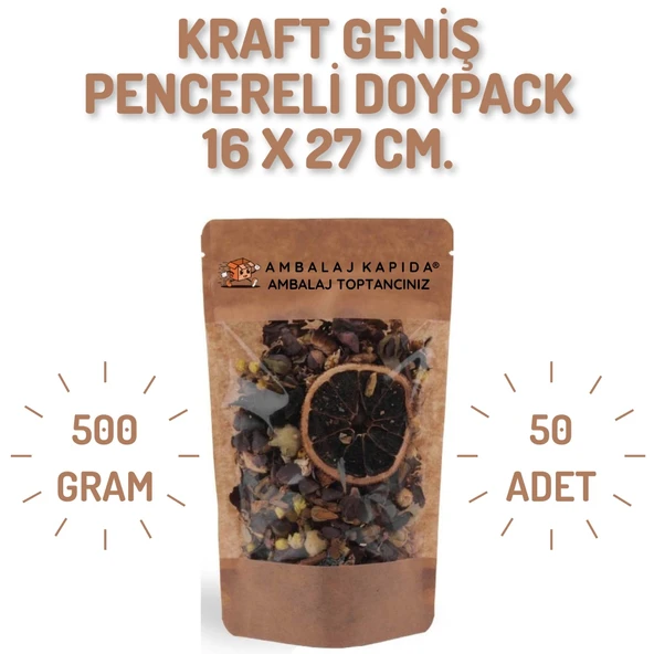 16x27 cm. Kraft Geniş Pencereli Doypack - 50 Adet ürün görseli 1