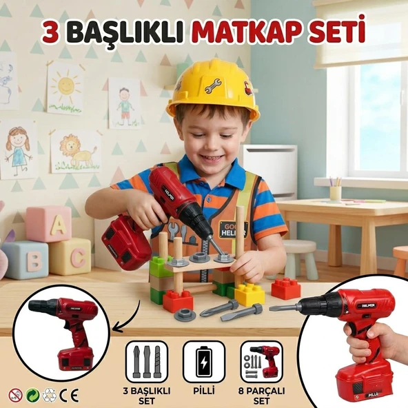 Pille Çalışan 3 Farklı Uçlu 2 Vida 2 Somonlu Tamirci Temalı Matkap Oyuncak İş Aleti ürün görseli 1
