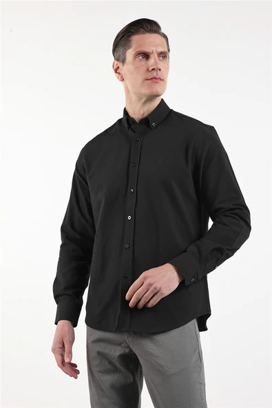 Siyah Oxford Düğmeli Yaka Uzun Kol Cepsiz Slim Fit Pamuklu Gömlek 1004260182 ürün görseli 1