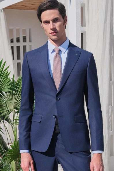 Mavi Dokulu Sert Yaka Uzun Kol Cepsiz Slim Fit Pamuklu Gömlek 1004255283 ürün görseli 1