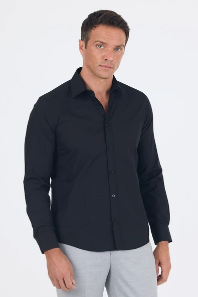 Siyah Uzun Kol Sert Yaka Düz Pamuklu Slim Fit Gömlek 1004260057 ürün görseli 1