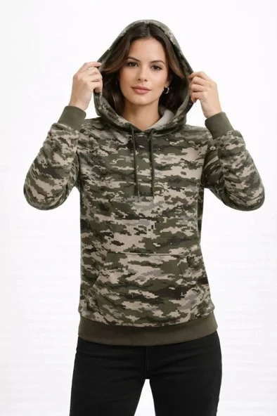 Kamuflaj Desenli 2 İplik 4 Mevsim Kapüşonlu Kanguru Cepli Hoodie Sweatshirt - Kamuflaj ürün görseli 1