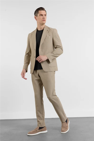 Bej Mono Yaka 6 Drop Slim Fit Astarsız Esnek Takım Elbise 1001260157 ürün görseli 1