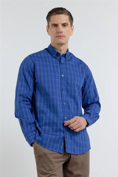 Lacivert-Lacivert Düğmeli Yaka Kareli Desen Uzun Kol Premium Slim Fit %100 Pamuk Gömlek 1004255187 ürün görseli 1