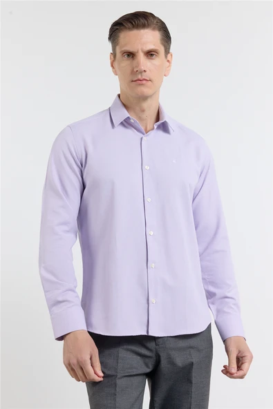 Mor Sert Yaka Uzun Kol Cepsiz Slim Fit Pamuklu Gömlek 1004255284 ürün görseli 1