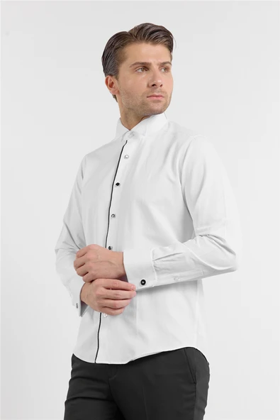 Beyaz Uzun Kol Ata Yaka Düz Pamuklu Slim Fit Gömlek 1004260215 ürün görseli 1