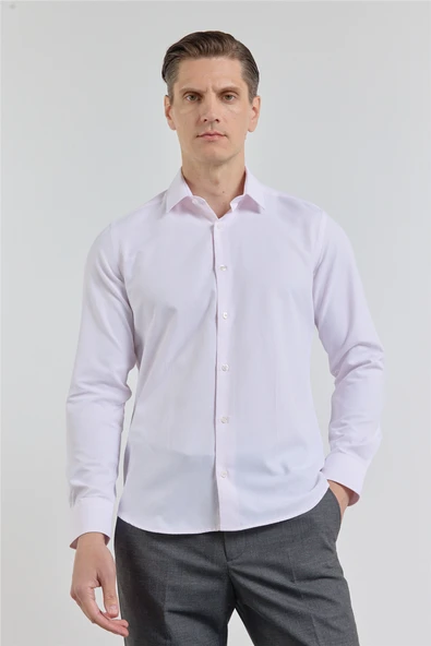 Pembe Dokulu Sert Yaka Uzun Kol Cepsiz Slim Fit Pamuklu Gömlek 1004255283 ürün görseli 1