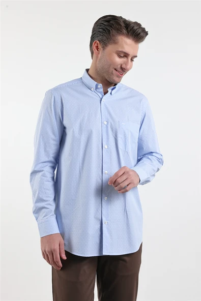 Beyaz-Mavi Düğmeli Yaka Uzun Kol Cepli Comfort Fit %100 Pamuk Gömlek 1004260175 ürün görseli 1