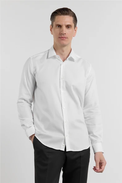 Beyaz Uzun Kol Sert Yaka Balıksırtı Desen %100 Pamuk Slim Fit Gömlek 1004255200 ürün görseli 1