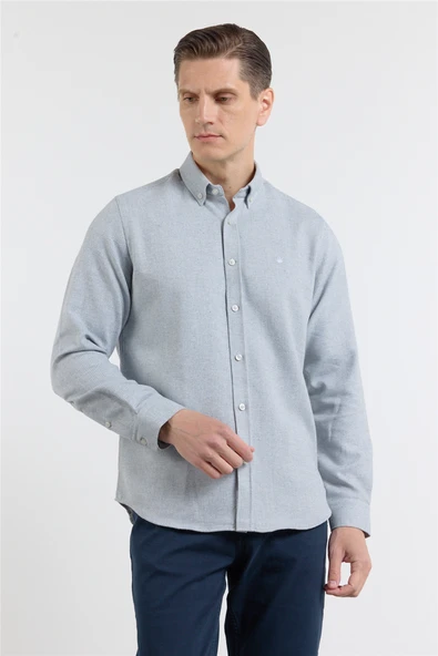 Mavi-Beyaz Düğmeli Yaka Uzun Kol Cepsiz Slim Fit Pamuklu Gömlek 1004260164 ürün görseli 1