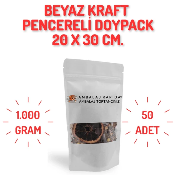 20x30 cm. Beyaz Kraft Pencereli Doypack - 50 Adet ürün görseli 1