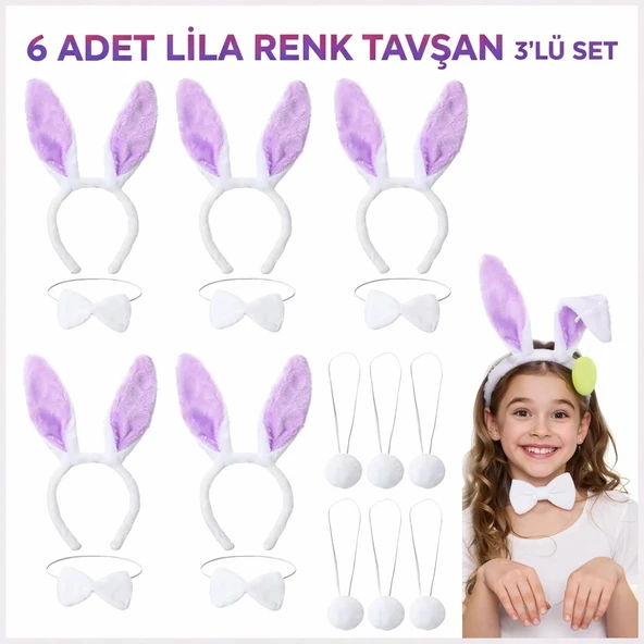 Lila Tavşan Sahne Seti 6'lı Set Taç Papyon Kuyruk ürün görseli 1