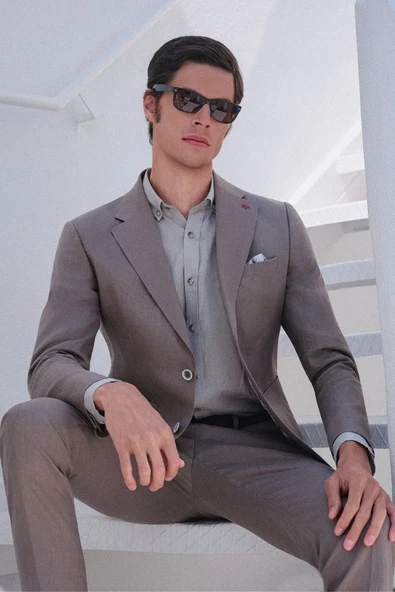 Vizon Keten Düğmeli Yaka Uzun Kol Cepsiz Slim Fit %100 Keten Gömlek 1004260161 ürün görseli 1