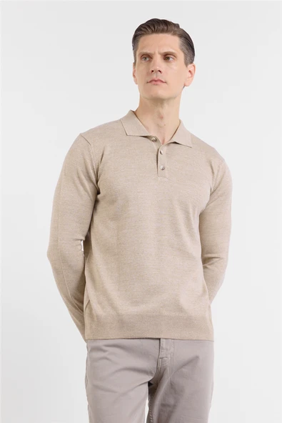 Bej Polo Yaka Cepsiz Comfort Fit Classic  Triko Kazak 1012255155 ürün görseli 1